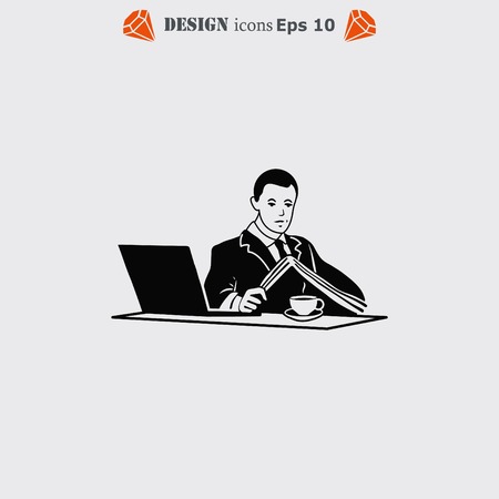 A man in a suit reads the document at the table. Businessman close to a laptop. Vector illustration.のイラスト素材