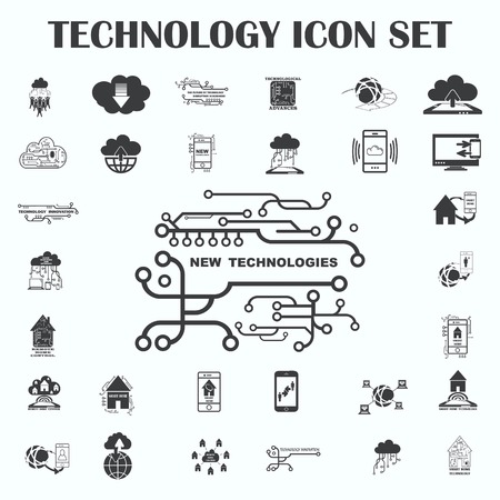 Technology innovation icons set. Cloud technology icons set. Circuit board, microchip icons set, illustration.のイラスト素材