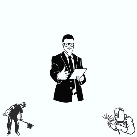 A successful leader. Illustration of businessman. Man in suit shows a sign Thumb Up.のイラスト素材