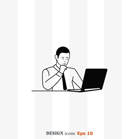 A man in a suit sitting at a table and talking on the phone. Businessman close to a laptop. Vector illustration.のイラスト素材