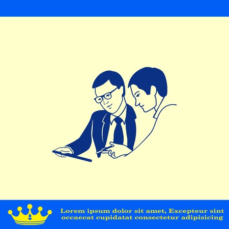 Two men in a suit reading the document. Business meeting. Discussion of business strategy. Handshake. Businessman ponders a strategic plan, tactical solutions. Vector illustration.のイラスト素材