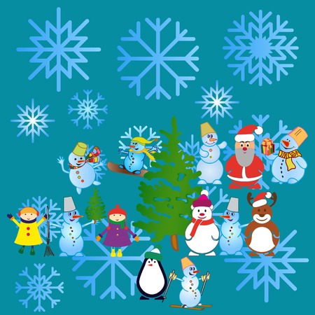 Snowman, vector illustration. Flat design style. Christmas card.のイラスト素材