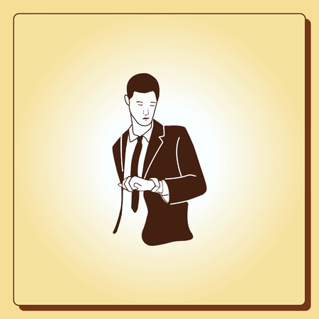 A man in a suit looking at his watch. Businessman punctual.  Vector illustration.のイラスト素材