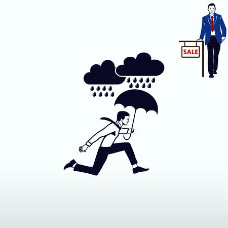 Dripping rain. Overcast. A man with an umbrella. Rain clouds. running businessman. Vector illustration.のイラスト素材