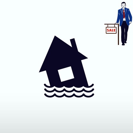 Flood icon. disaster. Typhoon. Tornado. The house is in the water. City water, vector illustration. Flat design style.のイラスト素材