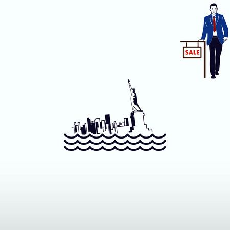 Flood icon. disaster. Typhoon. Tornado. The house is in the water. City water, vector illustration. Flat design style.のイラスト素材