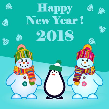 Snowman with penguin, vector illustration. Flat design style. Christmas card. New Year. Winter. Snowflake.のイラスト素材