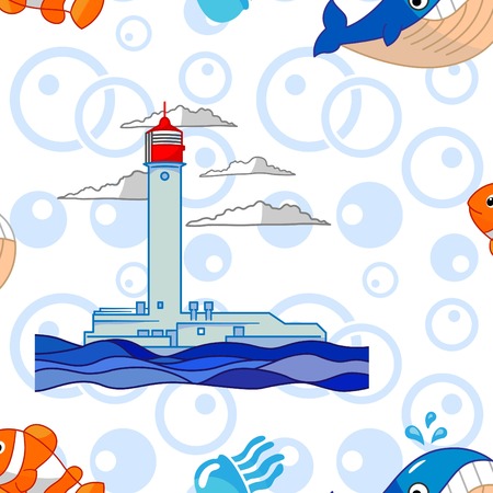 Pattern Cute Squid, Anchor, Shell, Medusa, Starfish Cartoon vector illustration.のイラスト素材