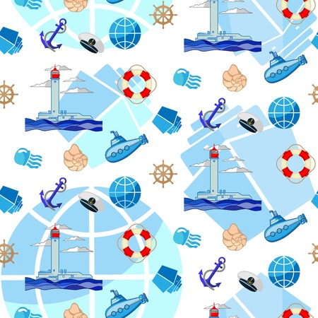 Pattern Cute Squid, Anchor, Shell, Medusa, Starfish Cartoon vector illustrationのイラスト素材