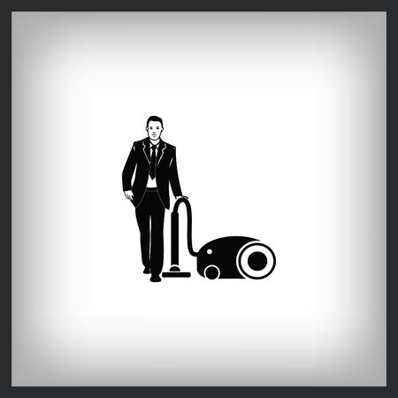 Cleaning company icon - man with Vacuum cleaner symbol, service sector.のイラスト素材