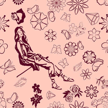 Beautiful woman on Female silhouette on Fashionable  Pattern.のイラスト素材