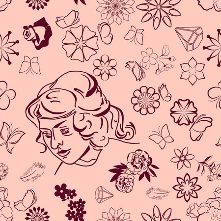 Beautiful woman on Female silhouette on Fashionable  Pattern.のイラスト素材