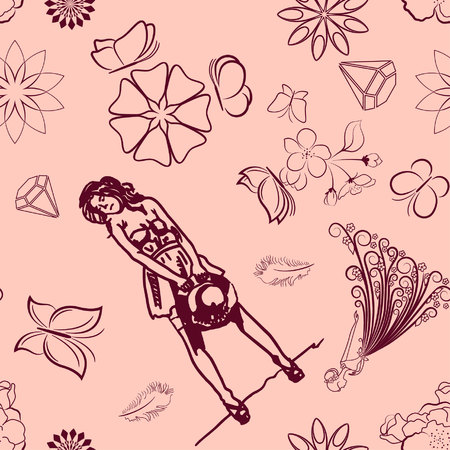 Beautiful woman on Female silhouette on Fashionable  Pattern.のイラスト素材