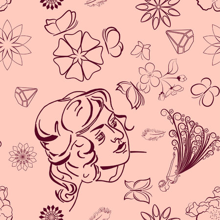 Beautiful woman on Female silhouette on Fashionable  Pattern.のイラスト素材