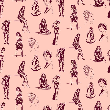 Beautiful woman on Female silhouette on Fashionable  Pattern.のイラスト素材