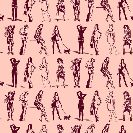 Beautiful woman on Female silhouette on Fashionable  Pattern.のイラスト素材