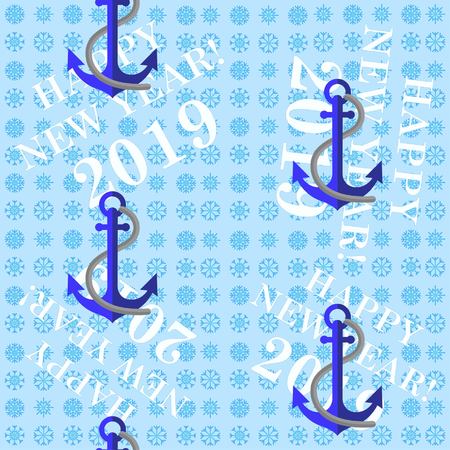 Pattern Cute Squid, Anchor, Shell, Medusa, Starfish Cartoon vector illustration. Congratulations on the New Year 2019. Snowflakes.のイラスト素材