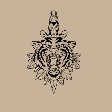 Tiger head tattoo. Vector illustration, isolated on a brown background.のイラスト素材