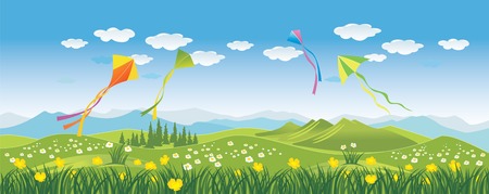Illustration with four colorful kites up in the sky with green blossoming valley on backgroundのイラスト素材