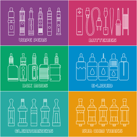 Set of elements for Vapor bar and vape shop, electronic cigarette icon, no smoke. Line modern Flat design icon vector illustration set for your web designのイラスト素材