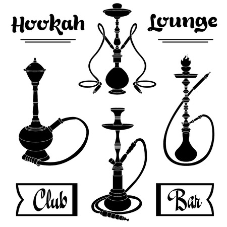 Hookah labels. Set of hookah vector silhouettesのイラスト素材