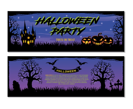 Halloween. trick or treat. Halloween party. Set Halloween banners. Halloween party flyer with pumpkins, tree in front of scary castle.のイラスト素材