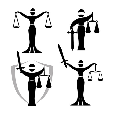 lady justice black set / Justice Goddess Themis, lady justice Femida. Stylized contour vector. Blind woman holding scales and sword.のイラスト素材