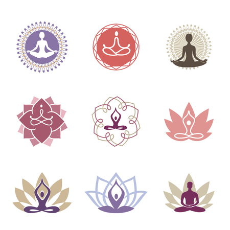 Vector yoga icons and line badges, graphic design elements or logo templates for spa center or yoga studio.のイラスト素材