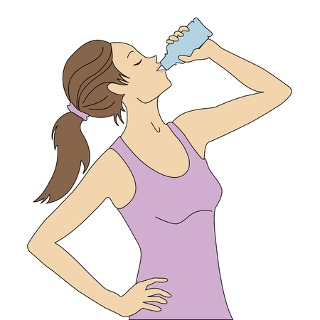 Attractive young woman is drinking water from a plastic bottle. Fitness and health.のイラスト素材