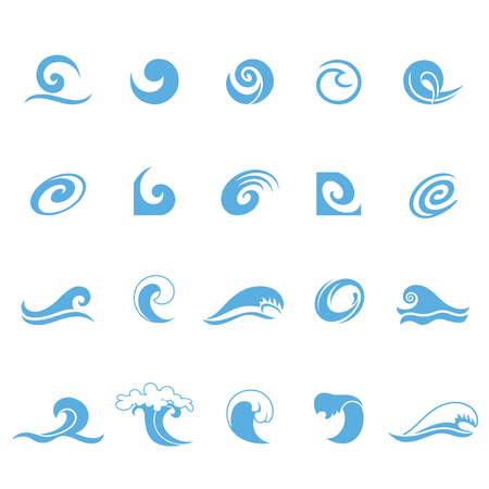 Vector blue wave icons set on white background. Water wavesのイラスト素材