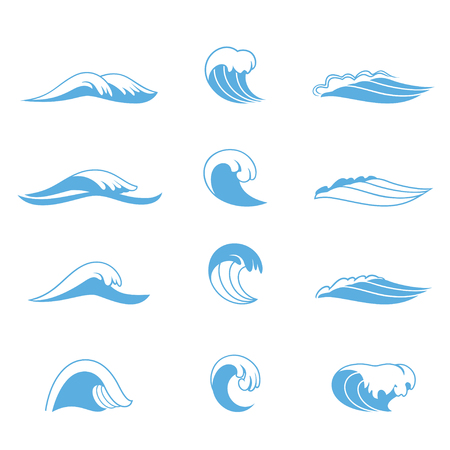 Ocean or sea waves, surf and splashes set curling and breaking in a pretty turquoise blue for marine and nautical themed concepts, vector illustration on whiteのイラスト素材
