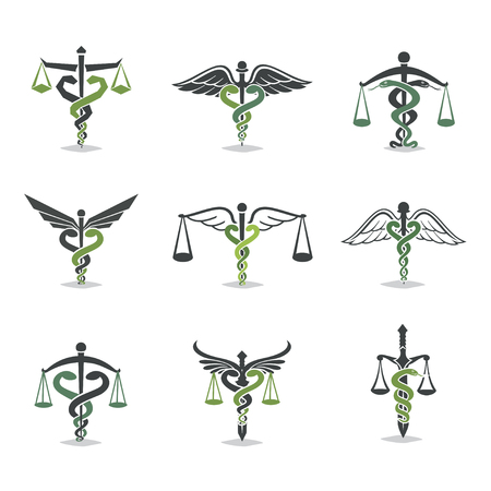 The set scales, justice, Academy, health care logos, emblems and design elements. Labels and badges Law firm, health, medicine, businessのイラスト素材