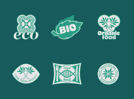 Natural product, healthy food, farm fresh food, organic product, gluten free. Vector eco, bio logos. Vegan, natural food and drinks signs. Farm market, store icons collection. Raw meal badges, labels.のイラスト素材