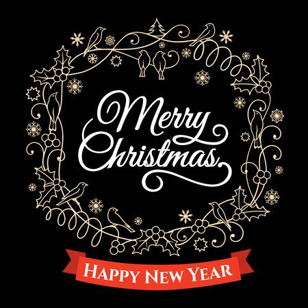White text Marry Christmas and Christmas ornaments on black background. Can be used  for greeting card, invitation, banner, Christmas card  design and Xmas concept. Vector illustration.のイラスト素材