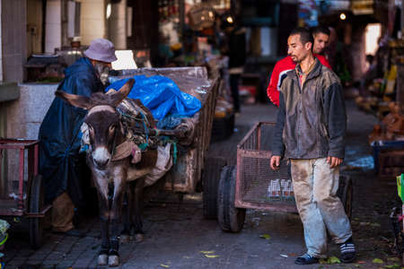 Marrakesh, Morocco - February 28, 2022: In the narrow streets of the ancient district of Medina, donkey-drawn carts are still used to transport goods.のeditorial素材
