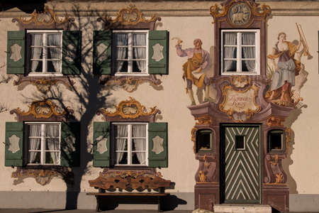 Garmisch-Partenkirchen, Germany - December 22,2021: The traditional mural style on the facades of buildings in the German federal state of Bayern.のeditorial素材