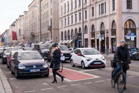 Munich, Germany - December 20,2021: Street view of Munich downtown on Winter day.