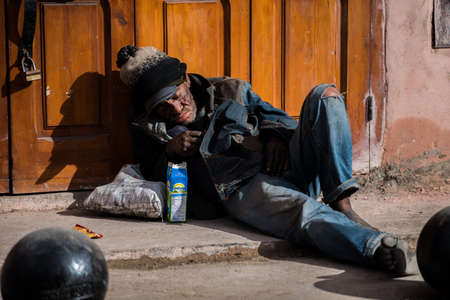 Marrakesh, Morocco - February 28, 2018: Beggars and the homeless on the streets of ancient Medina district of Marrakech.のeditorial素材