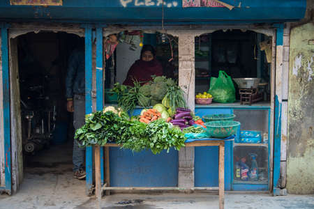 Kathmandu, Nepal- April 20,2019 : Vegetables trader on the street of Kathmandu.のeditorial素材