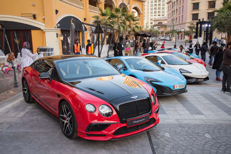 Doha ,Qatar-February 01,2020 : Exhibition of luxury supercars organized by the Qatari team called "Elite supercars" in the area of the artificial island of Pearl.のeditorial素材