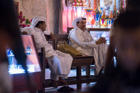 Doha,Qatar-February 15,2020 : Night views of shops and market vendors in the market Souk Waqif.