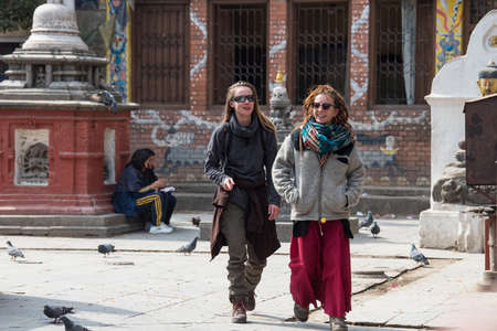 Kathmandu, Nepal- April 20,2019 : Tourists explore the streets of the center of Kathmandu, the capital of Nepal.のeditorial素材