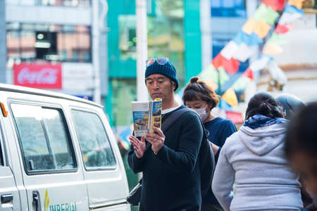Kathmandu, Nepal- April 20,2019 : Tourists explore the streets of the center of Kathmandu, the...