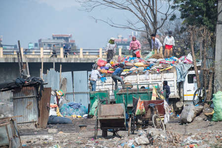 Kathmandu, Nepal,  April 20,2022 : Garbage and plastic pollution on the river bank in Kathmandu.のeditorial素材