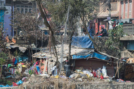Kathmandu, Nepal,  April 20,2022 : Garbage and plastic pollution on the river bank in Kathmandu.のeditorial素材