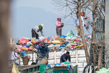 Kathmandu, Nepal,  April 20,2022 : Garbage and plastic pollution on the river bank in Kathmandu.のeditorial素材