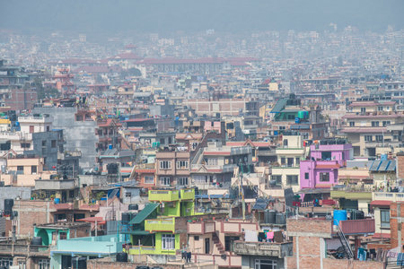 Kathmandu, Nepal- April 20,2022 : Panoramic top view of Katmandu city from Swayambhunath stupa.のeditorial素材