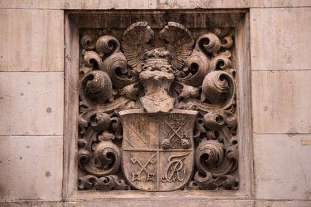 Munich, Germany -April 27,2022: Details of stone ornaments on the facades of baroque buildings in the German city Munich which is the capital city in Bavaria.のeditorial素材