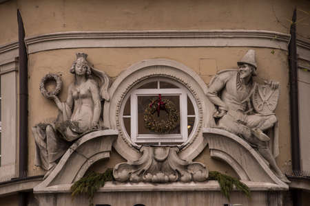 Munich, Germany -April 27,2022: Details of stone ornaments on the facades of baroque buildings in the German city Munich which is the capital city in Bavaria.のeditorial素材
