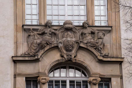 Munich, Germany -April 27,2022: Details of stone ornaments on the facades of baroque buildings in the German city Munich which is the capital city in Bavaria.のeditorial素材